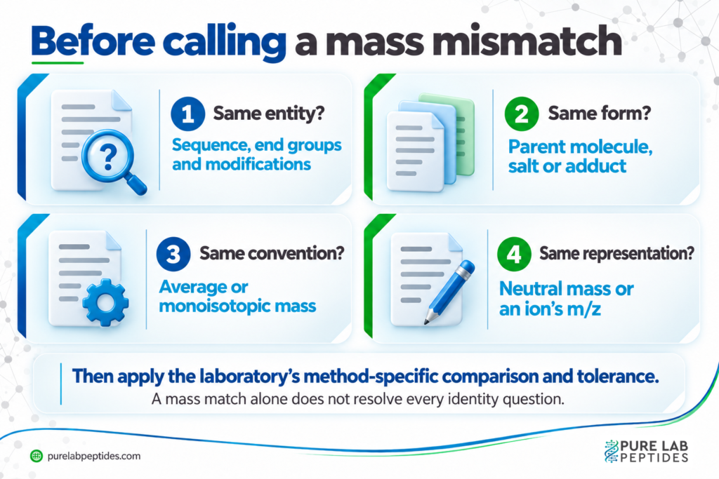 Four checks before comparing mass values: chemical entity, supplied form, mass convention and reported representation.
